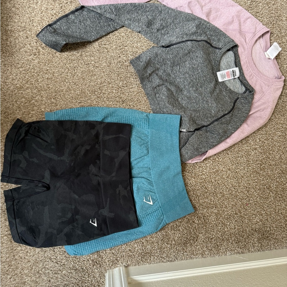 Gymshark Gray and Pink Long Sleeve with Black and Blue Shorts